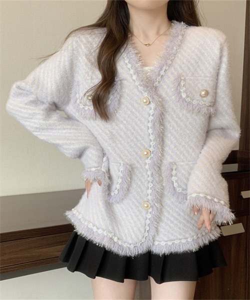 Dream garden(ドリームガーデン)の「ミックスカラージャケット フリンジカラーニットカーデ(ノーカラーコート・レディース・ライトパープル/ライトグリーン/アイボリー/ピンク・FREE)」の14枚目の写真