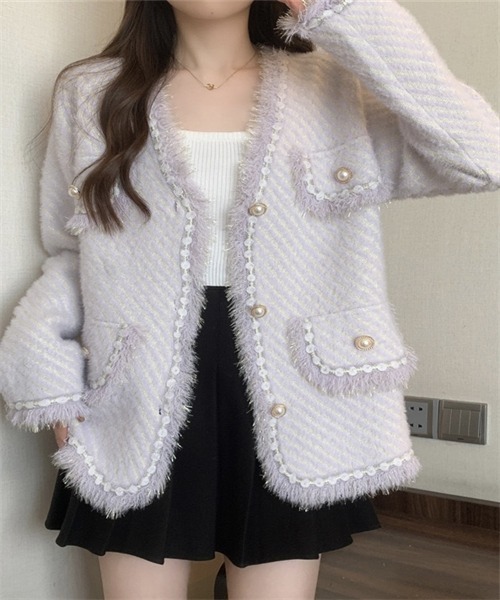 Dream garden(ドリームガーデン)の「ミックスカラージャケット フリンジカラーニットカーデ(ノーカラーコート・レディース・ライトパープル/ライトグリーン/アイボリー/ピンク・FREE)」の19枚目の写真