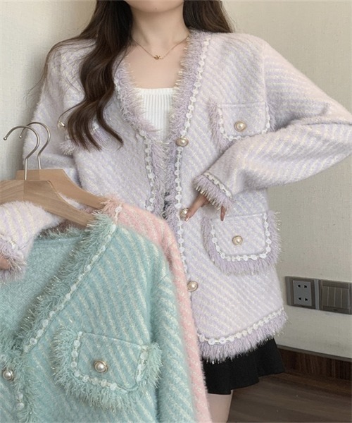 Dream garden(ドリームガーデン)の「ミックスカラージャケット フリンジカラーニットカーデ(ノーカラーコート・レディース・ライトパープル/ライトグリーン/アイボリー/ピンク・FREE)」の21枚目の写真