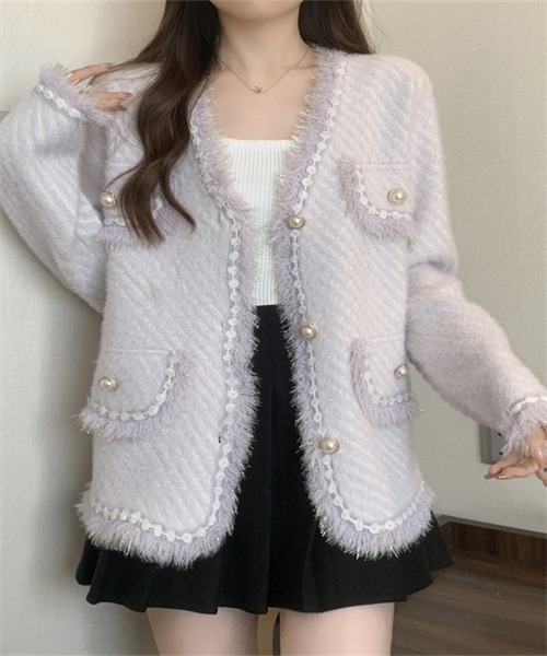 Dream garden(ドリームガーデン)の「ミックスカラージャケット フリンジカラーニットカーデ(ノーカラーコート・レディース・ライトパープル/ライトグリーン/アイボリー/ピンク・FREE)」の17枚目の写真