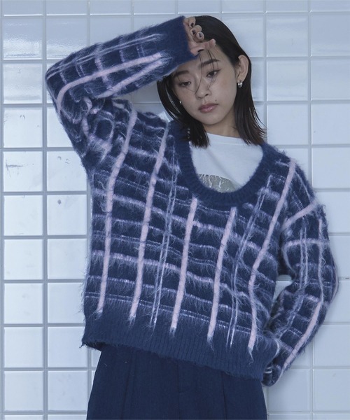 セール】Uネックシャギーチェックニット（ニット/セーター）｜miette