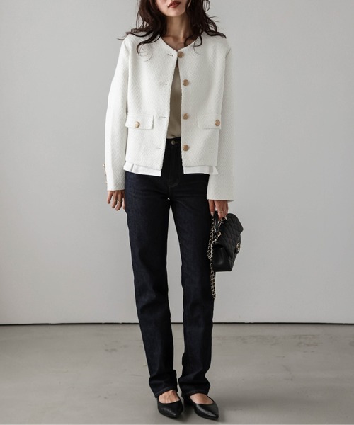 AMELY（エミリー）の「プリーツレイヤードノーカラーツイード