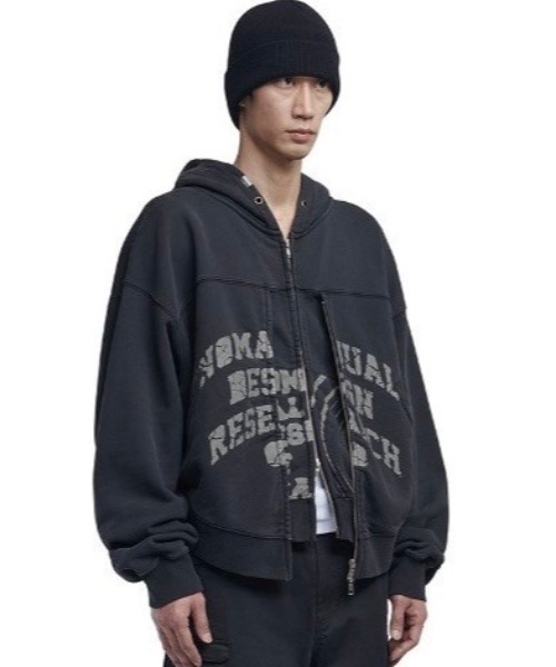 NOMANUAL（NOMANUAL）の「韓国ブランド NOMANUAL ノーマニュアル OVERDYED D.F.L HOODED ZIP-UP レイヤードフーディー ジップアップ ジップフーディー 長袖パーカー 長袖フーディー 羽織り ダブルジップ オーバーサイズ 韓国ファッション 韓国ストリート ストリートファッション（パーカー・メンズ・ブラック・L）」の3枚目の写真
