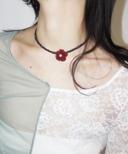 select 】red flower bees choker / フラワービーズチョーカー