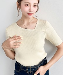 アシンメトリーネックSS半袖リブニットプルオーバー