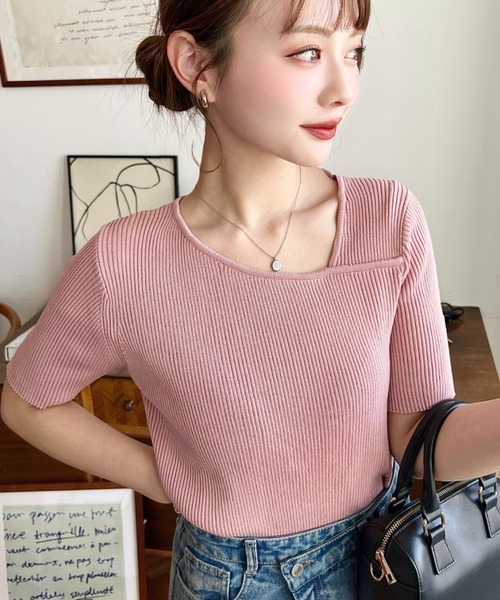 セール】アシンメトリーネック半袖リブニットプルオーバー（ニット