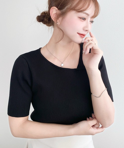 美品✨アメリヴィンテージ アシンメトリー ブラック ニット 春服 夏服 黒 半袖 アシメダメージニット/【春服・サマーニット】長袖 クロップド丈