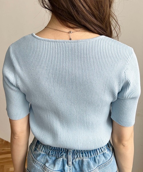 セール】アシンメトリーネック半袖リブニットプルオーバー（ニット