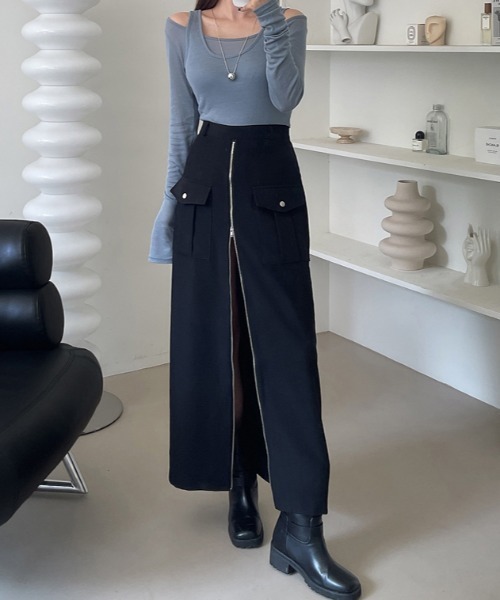 ABITOKYO(アビトーキョー)の「フロントジップハイウエストロングスカート(スカート・レディース・ブラック/ベージュ・XL/L/S/M)」の4枚目の写真