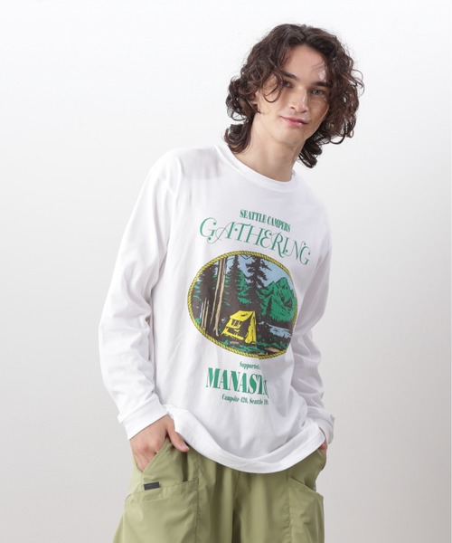 MANASTASH(マナスタッシュ)の「MANASTASH/マナスタッシュ/ L/S TEE CAMPERS GATHERING(Tシャツ/カットソー・メンズ・ホワイト/ダークグリーン/ブラック・XL/M/S/L)」の2枚目の写真