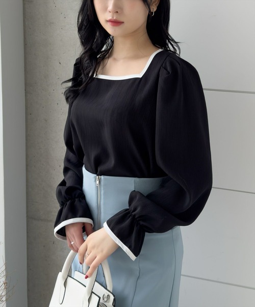 CLEAR BASIC（クリアベーシック）の「配色キャンディースリーブ長袖ブラウス [上品 オフィスカジュアル 着回し抜群 大人]≪再入荷≫（シャツ/ブラウス・レディース・アイボリー/ブルーグレー/ブラック・F）」の2枚目の写真