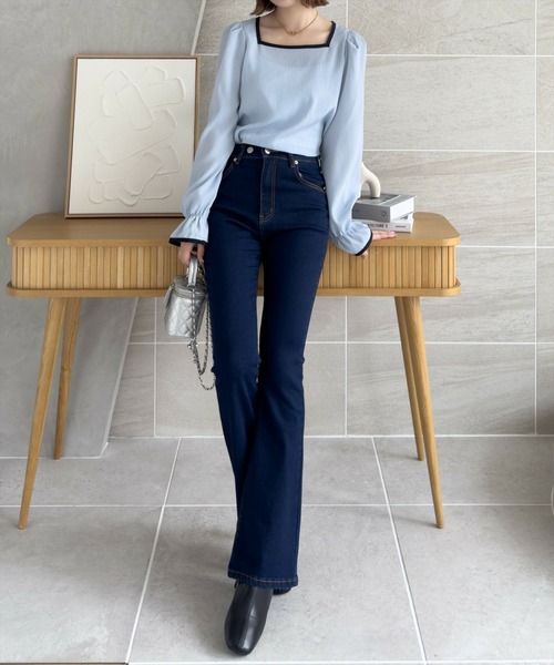 CLEAR BASIC（クリアベーシック）の「配色キャンディースリーブ長袖ブラウス [上品 オフィスカジュアル 着回し抜群 大人]≪再入荷≫（シャツ/ブラウス・レディース・アイボリー/ブルーグレー/ブラック・F）」の6枚目の写真