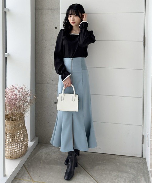 CLEAR BASIC（クリアベーシック）の「配色キャンディースリーブ長袖ブラウス [上品 オフィスカジュアル 着回し抜群 大人]≪再入荷≫（シャツ/ブラウス・レディース・アイボリー/ブルーグレー/ブラック・F）」の8枚目の写真