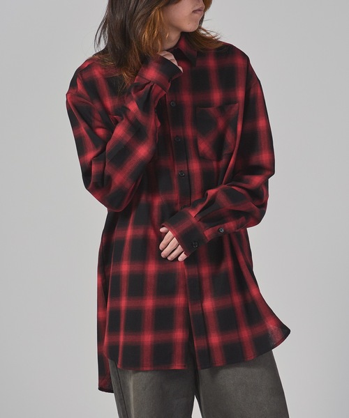 セール】Long Length Ombre Check L/S Shirts / ロング丈