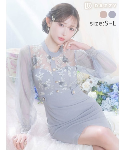 DAZZY（デイジー）の「パステルフラワー刺繍ドッキングシアー長袖タイトミニドレス（ドレス・レディース・ピンク/ブルーグレー・S/L/M）」の6枚目の写真