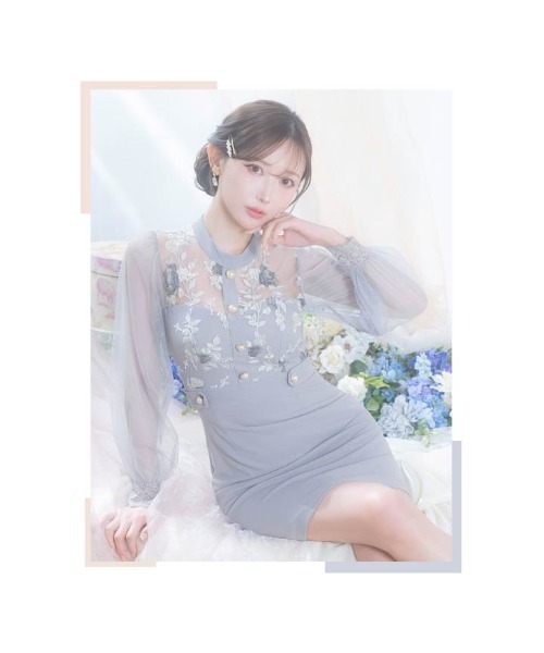 DAZZY（デイジー）の「パステルフラワー刺繍ドッキングシアー長袖タイトミニドレス（ドレス・レディース・ピンク/ブルーグレー・S/L/M）」の13枚目の写真