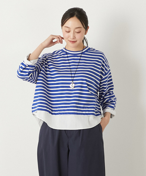 MELROSE claire(メルローズ クレール)の「【ボーダー天竺レイヤード風プルオーバー】(Tシャツ/カットソー・レディース・ホワイト×グレー/ブルー系その他/ホワイト×ネイビー・FREE)」の1枚目の写真