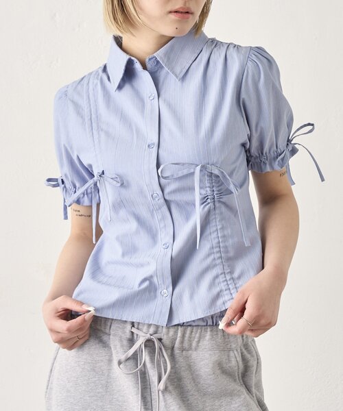 Six M（シックスエム）の「【SixM/シックスエム】ギャザーリボンパフブラウス（シャツ/ブラウス・レディース・サックスブルー/オフホワイト・FREE）」の5枚目の写真