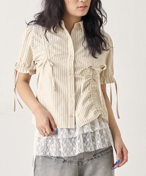 Six M（シックスエム）の「【SixM/シックスエム】ギャザーリボンパフブラウス（シャツ/ブラウス・レディース・サックスブルー/オフホワイト・FREE）」の8枚目の写真