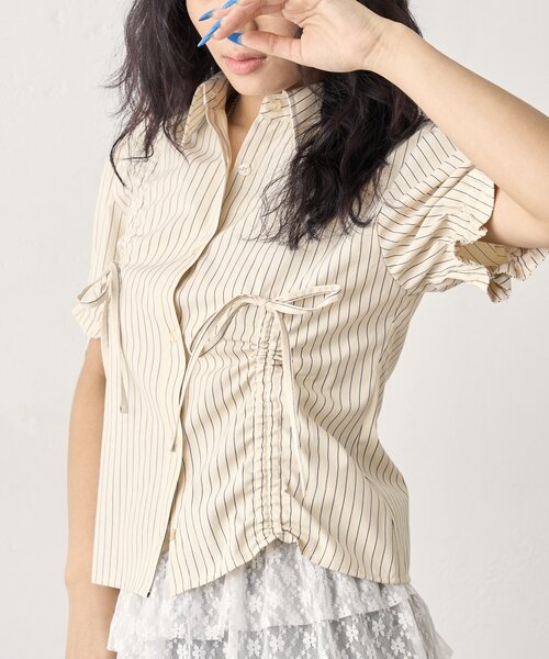 Six M（シックスエム）の「【SixM/シックスエム】ギャザーリボンパフブラウス（シャツ/ブラウス・レディース・サックスブルー/オフホワイト・FREE）」の10枚目の写真