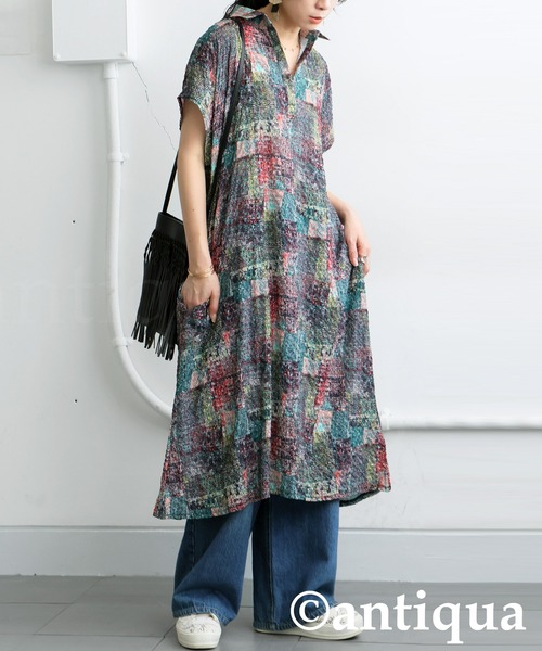 antiqua(アンティカ)の「アート柄スキッパーワンピース(ワンピース・レディース・グリーン系その他/ネイビー系・ONESIZE)」の6枚目の写真