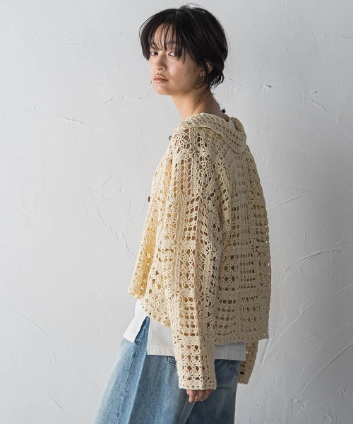MAYSON GREY(メイソングレイ)の「クロシェニットカーディガン≪手洗い可能≫(カーディガン/ボレロ・レディース・オフホワイト/ブラウン・M)」の5枚目の写真