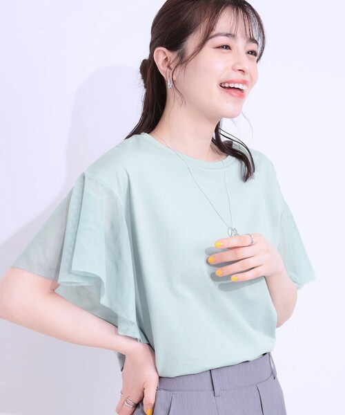 DRESKIP（ドレスキップ）の「【S-LL/ひんやり】大人フェミニンに お袖チュール フリルトップス（Tシャツ/カットソー・レディース・オフホワイト/ライトグレー/ライトブルー・01/02/03/04）」の3枚目の写真