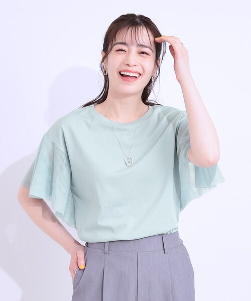 DRESKIP（ドレスキップ）の「【S-LL/ひんやり】大人フェミニンに お袖チュール フリルトップス（Tシャツ/カットソー・レディース・オフホワイト/ライトグレー/ライトブルー・01/02/03/04）」の4枚目の写真