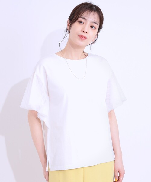 DRESKIP（ドレスキップ）の「【S-LL/ひんやり】大人フェミニンに お袖チュール フリルトップス（Tシャツ/カットソー・レディース・オフホワイト/ライトグレー/ライトブルー・01/02/03/04）」の8枚目の写真