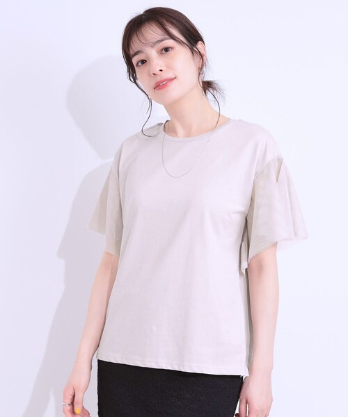DRESKIP（ドレスキップ）の「【S-LL/ひんやり】大人フェミニンに お袖チュール フリルトップス（Tシャツ/カットソー・レディース・オフホワイト/ライトグレー/ライトブルー・01/02/03/04）」の12枚目の写真