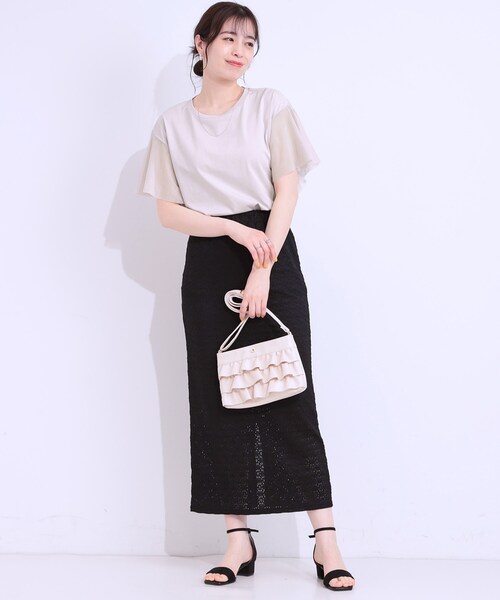 DRESKIP（ドレスキップ）の「【S-LL/ひんやり】大人フェミニンに お袖チュール フリルトップス（Tシャツ/カットソー・レディース・オフホワイト/ライトグレー/ライトブルー・01/02/03/04）」の14枚目の写真