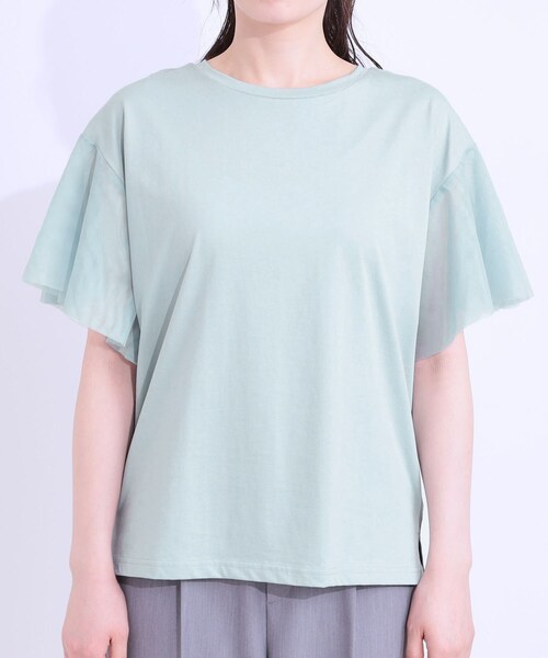 DRESKIP（ドレスキップ）の「【S-LL/ひんやり】大人フェミニンに お袖チュール フリルトップス（Tシャツ/カットソー・レディース・オフホワイト/ライトグレー/ライトブルー・01/02/03/04）」の16枚目の写真