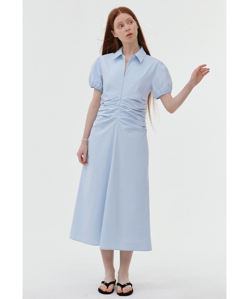 パフスリーブ ウエストギャザー ミドル丈ワンピース FX25L021【Fano