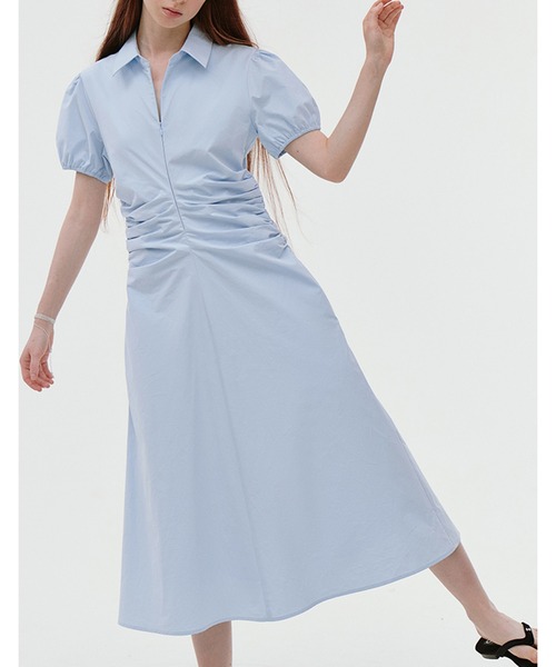 パフスリーブ ウエストギャザー ミドル丈ワンピース FX25L021