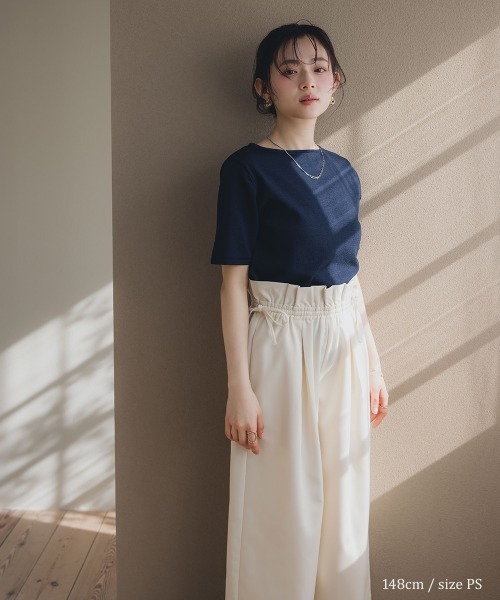 Petitjo（プッチージョ）の「小さいサイズ　ハーフスリーブニット　低身長さん・小柄女性（ニット/セーター・レディース・グレイッシュベージュ/ネイビー・PSS/PS/PM/PL）」の7枚目の写真