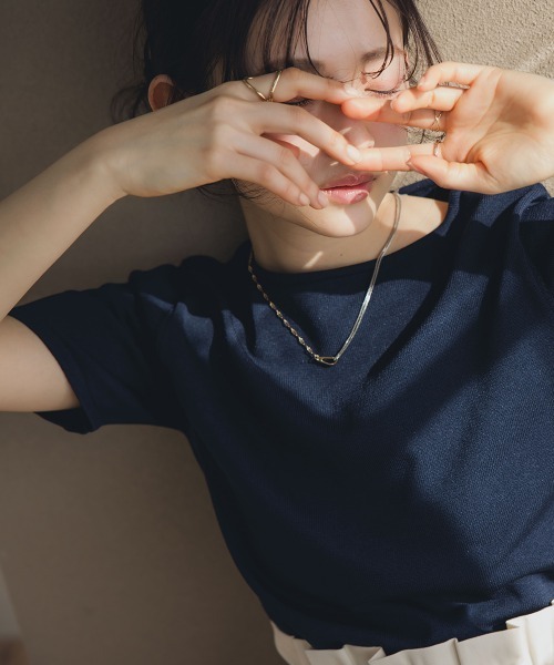 Petitjo（プッチージョ）の「小さいサイズ　ハーフスリーブニット　低身長さん・小柄女性（ニット/セーター・レディース・グレイッシュベージュ/ネイビー・PSS/PS/PM/PL）」の14枚目の写真