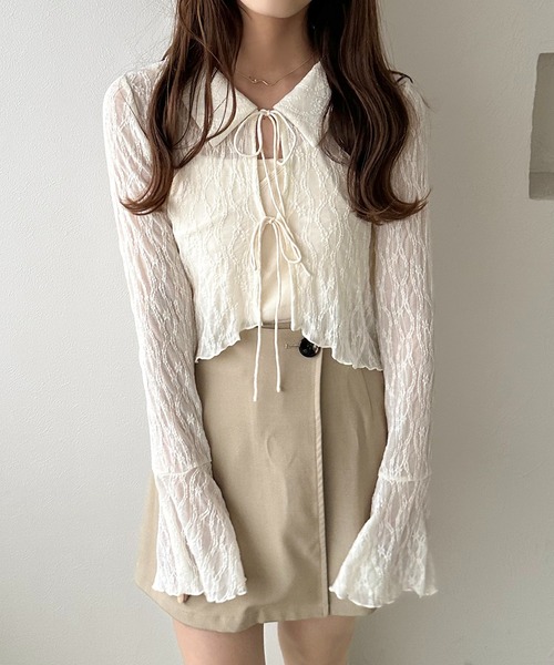 apres jour clair（アプレジュールクレア）の「【apres jour clair】レースシアーリボンカーディガン（カーディガン/ボレロ・レディース・ミント/アイボリー/ブラック・フリー/X-LARGE）」の4枚目の写真