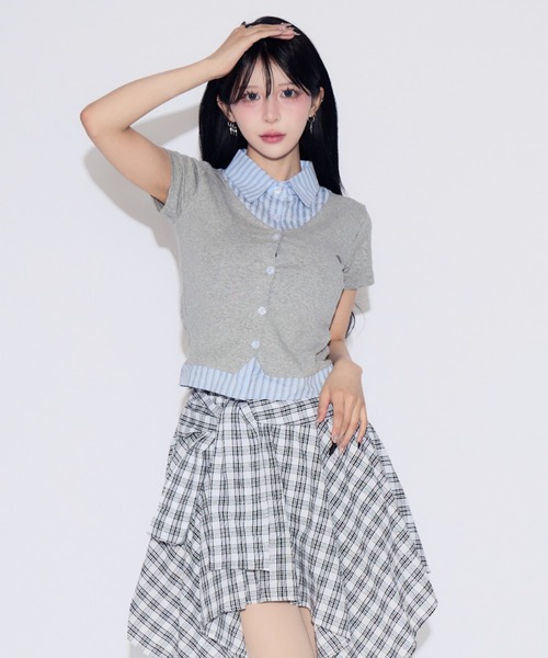 tinkerend（ティンカーエンド）の「Striped Docking Polo / ストライプドッキングポロ チェック柄 フェイクレイヤード ストライプ/チェック（ポロシャツ・レディース・ブラック/グレー系その他/ブラック系その他/グレー・FREE）」の4枚目の写真