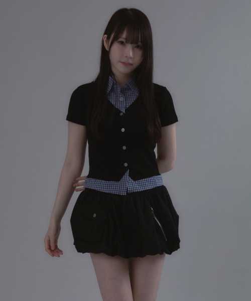 tinkerend（ティンカーエンド）の「Striped Docking Polo / ストライプドッキングポロ チェック柄 フェイクレイヤード ストライプ/チェック（ポロシャツ・レディース・ブラック/グレー系その他/ブラック系その他/グレー・FREE）」の2枚目の写真
