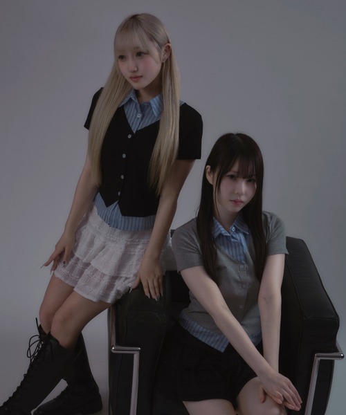 tinkerend（ティンカーエンド）の「Striped Docking Polo / ストライプドッキングポロ チェック柄 フェイクレイヤード ストライプ/チェック（ポロシャツ・レディース・ブラック/グレー系その他/ブラック系その他/グレー・FREE）」の16枚目の写真