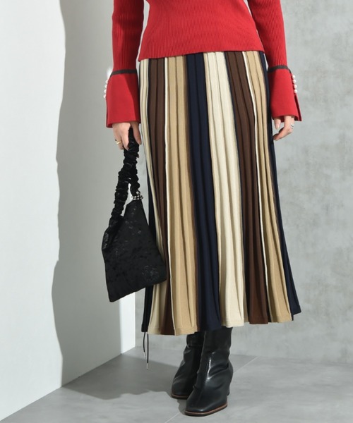 INTERPLANET（インタープラネット）の「配色カラーニットスカート（スカート・レディース・マスタード/ボルドー/ブラウン・FREE）」の2枚目の写真