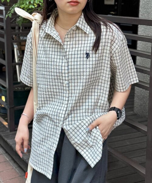 WU WEAR 半袖シャツ ポリシャツ 25SS】WOMEN シーサイドプリント 半袖シャツ ネイビー 071652006