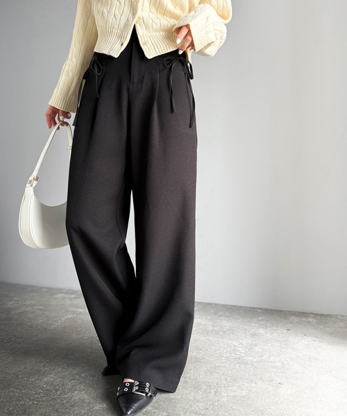 mily bilet(ミウィビレット)の「【mily bilet】インして映える♪タック入りリボンストレートワイドパンツ(スラックス・レディース・ブラック/ネイビー系/グレー系/チャコールグレー・X-LARGE/SMALL/MEDIUM/LARGE)」の5枚目の写真