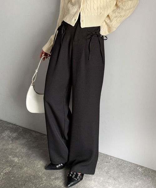 mily bilet(ミウィビレット)の「【mily bilet】インして映える♪タック入りリボンストレートワイドパンツ(スラックス・レディース・ブラック/ネイビー系/グレー系/チャコールグレー・X-LARGE/SMALL/MEDIUM/LARGE)」の6枚目の写真