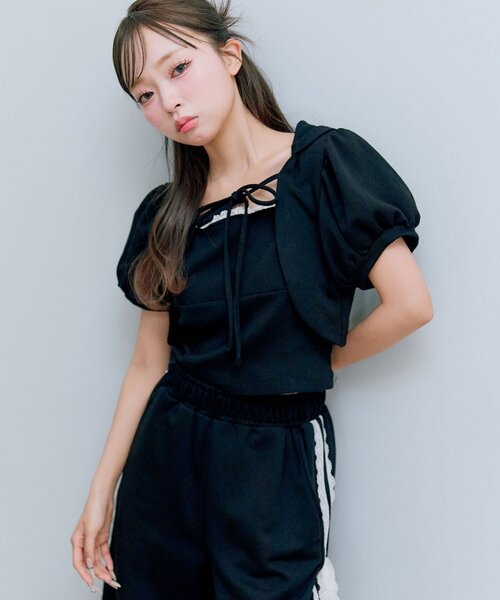 OLIVE des OLIVE（オリーブデオリーブ）の「フードレイヤードトップス（Tシャツ/カットソー・レディース・オートミール/ブラック/トップグレー・FREE）」の8枚目の写真