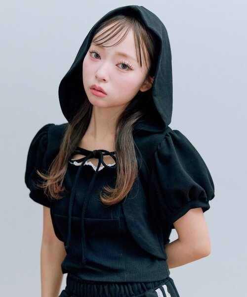 OLIVE des OLIVE（オリーブデオリーブ）の「フードレイヤードトップス（Tシャツ/カットソー・レディース・オートミール/ブラック/トップグレー・FREE）」の10枚目の写真