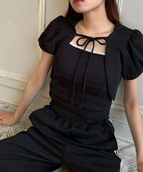 OLIVE des OLIVE（オリーブデオリーブ）の「フードレイヤードトップス（Tシャツ/カットソー・レディース・オートミール/ブラック/トップグレー・FREE）」の4枚目の写真