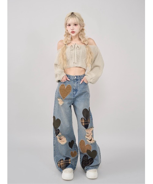 WONEM ハート型パッチ ワイドデニムパンツ WONEM ハート型パッチ ワイドデニムパンツ