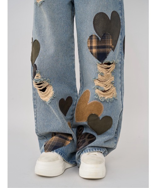 Darich ダーリッチ　ランダムハートパッチワークデニムパンツ　Sサイズ darich ダーリッチ ランダムハートパッチワークデニムパンツ
