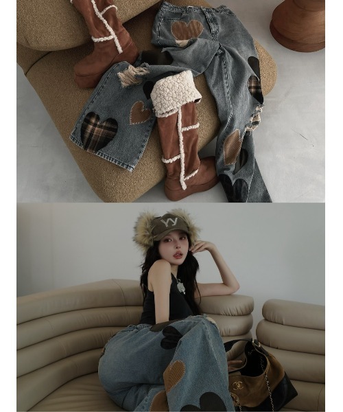Darich ダーリッチ　ランダムハートパッチワークデニムパンツ　Sサイズ ダーリッチ Darich ランダムハートパッチワークデニムパンツ